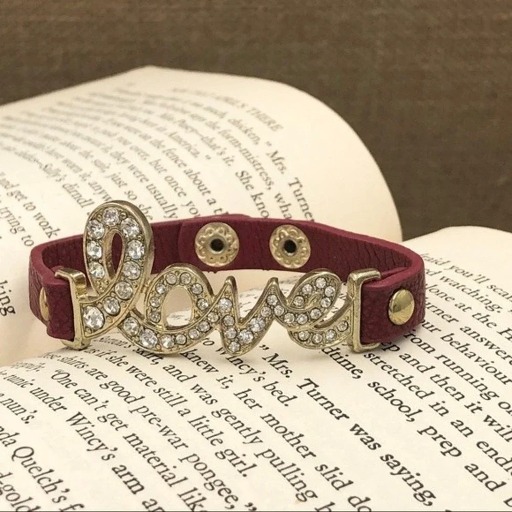 🌼 Red PU Leather Rhinestone Love Wrap Strap Bracelet